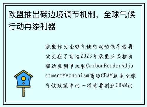 欧盟推出碳边境调节机制，全球气候行动再添利器