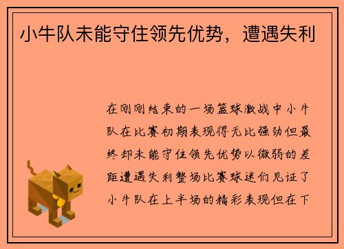 小牛队未能守住领先优势，遭遇失利