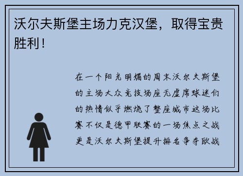 沃尔夫斯堡主场力克汉堡，取得宝贵胜利！