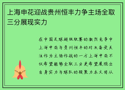 上海申花迎战贵州恒丰力争主场全取三分展现实力