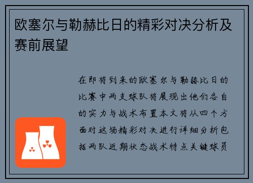 欧塞尔与勒赫比日的精彩对决分析及赛前展望