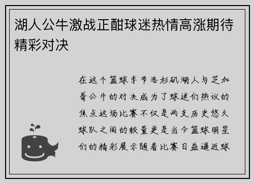 湖人公牛激战正酣球迷热情高涨期待精彩对决