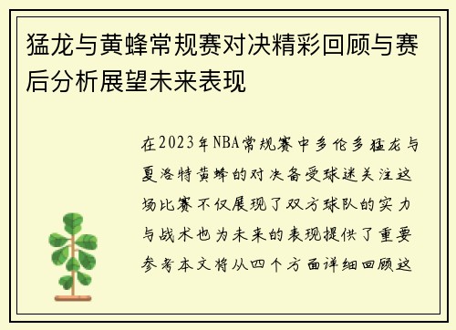 猛龙与黄蜂常规赛对决精彩回顾与赛后分析展望未来表现