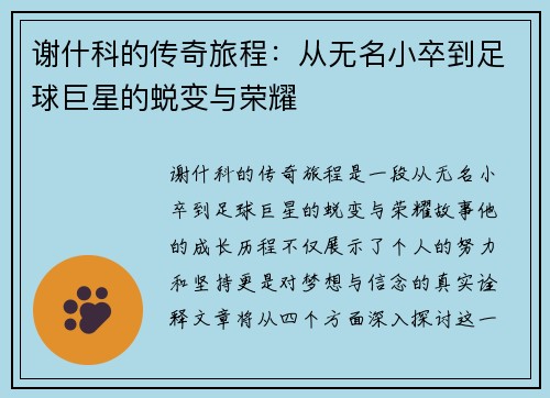 谢什科的传奇旅程：从无名小卒到足球巨星的蜕变与荣耀