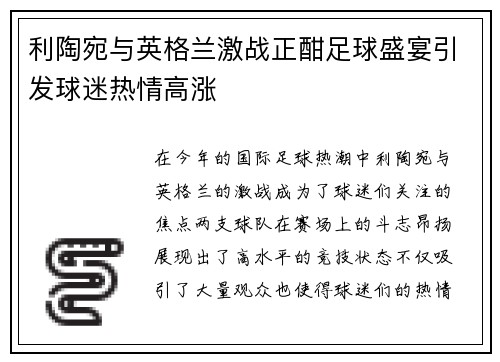 利陶宛与英格兰激战正酣足球盛宴引发球迷热情高涨