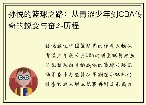 孙悦的篮球之路：从青涩少年到CBA传奇的蜕变与奋斗历程