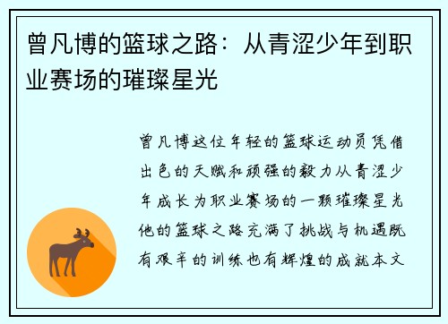 曾凡博的篮球之路：从青涩少年到职业赛场的璀璨星光