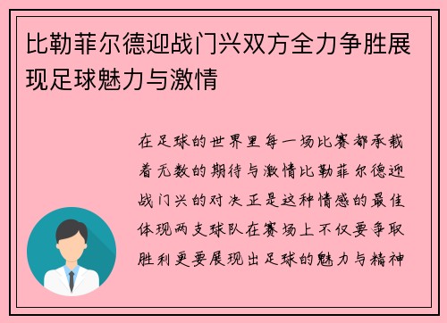 比勒菲尔德迎战门兴双方全力争胜展现足球魅力与激情