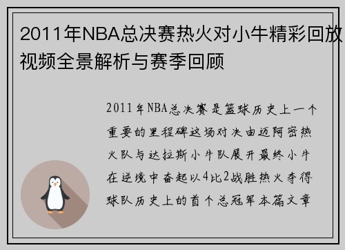 2011年NBA总决赛热火对小牛精彩回放视频全景解析与赛季回顾