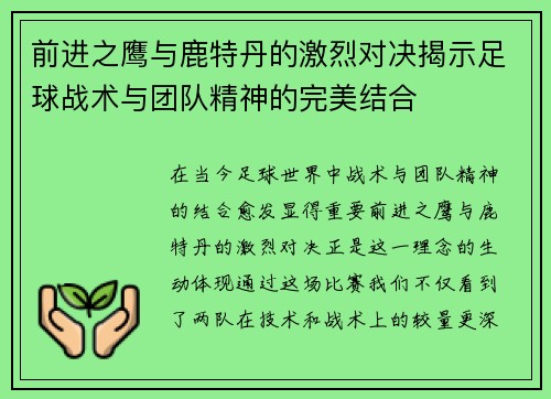 前进之鹰与鹿特丹的激烈对决揭示足球战术与团队精神的完美结合