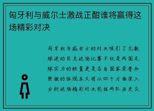 匈牙利与威尔士激战正酣谁将赢得这场精彩对决