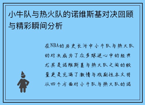 小牛队与热火队的诺维斯基对决回顾与精彩瞬间分析