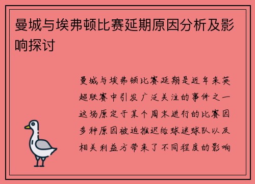 曼城与埃弗顿比赛延期原因分析及影响探讨