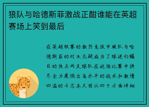 狼队与哈德斯菲激战正酣谁能在英超赛场上笑到最后
