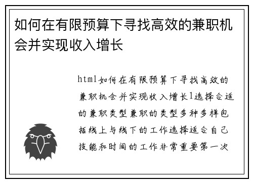 如何在有限预算下寻找高效的兼职机会并实现收入增长