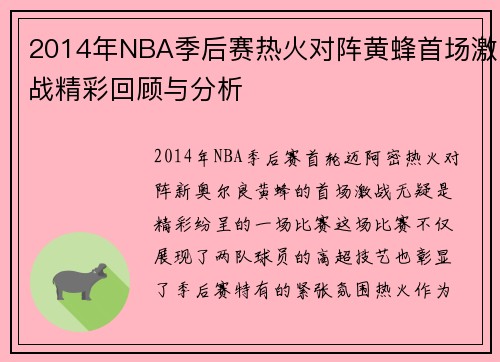 2014年NBA季后赛热火对阵黄蜂首场激战精彩回顾与分析