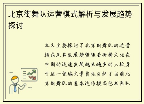 北京街舞队运营模式解析与发展趋势探讨
