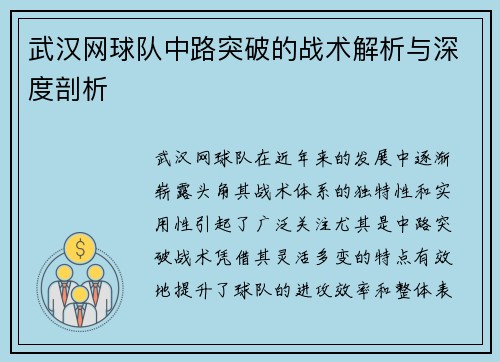 武汉网球队中路突破的战术解析与深度剖析